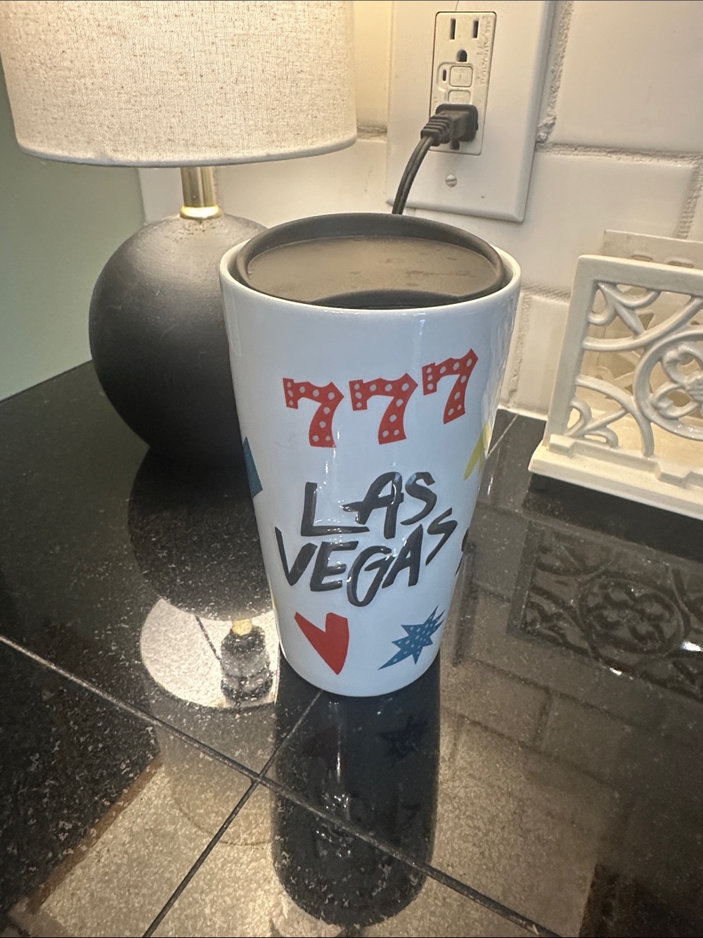 Starbucks Las Vegas White Ceramic Tumbler with Multicolor Card Suit Graphics